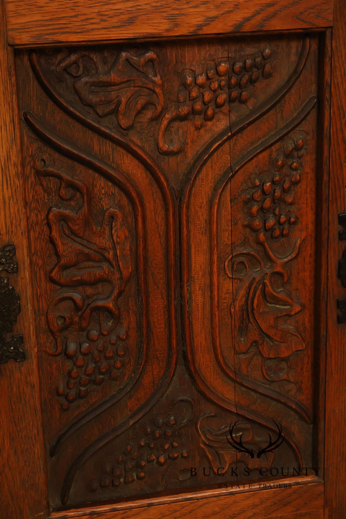 Vintage Spanish Revival Carved Oak Cabinet With Iron Hardware