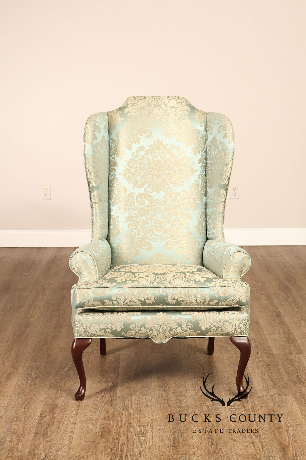 Quality Vintage Pair Of High Back Damask Upholstered Wing Chairs