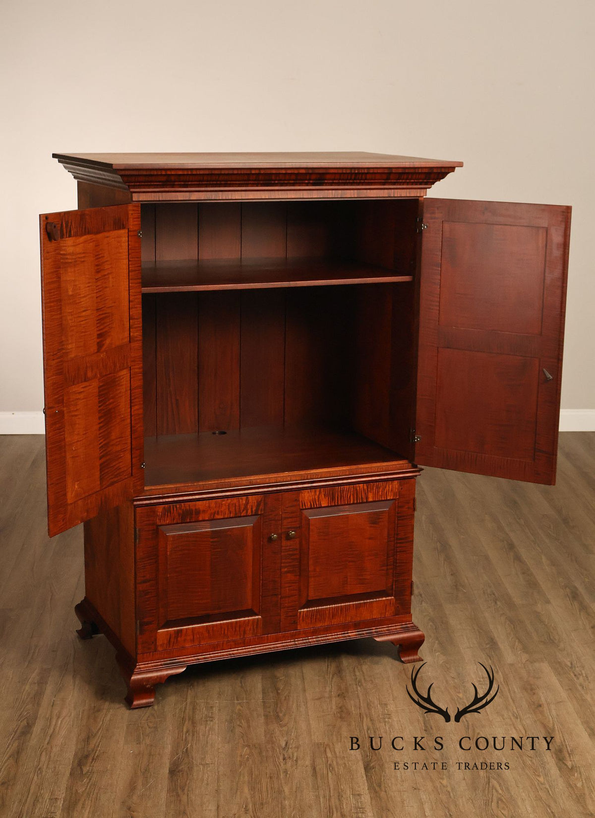 Custom Tiger Maple Two-Piece Four-Door Cabinet Armoire