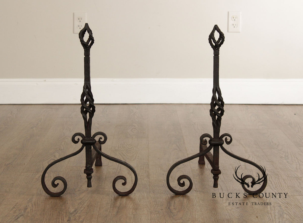 Antique Arts & Crafts Pair of Wrought Iron Fireplace Andirons