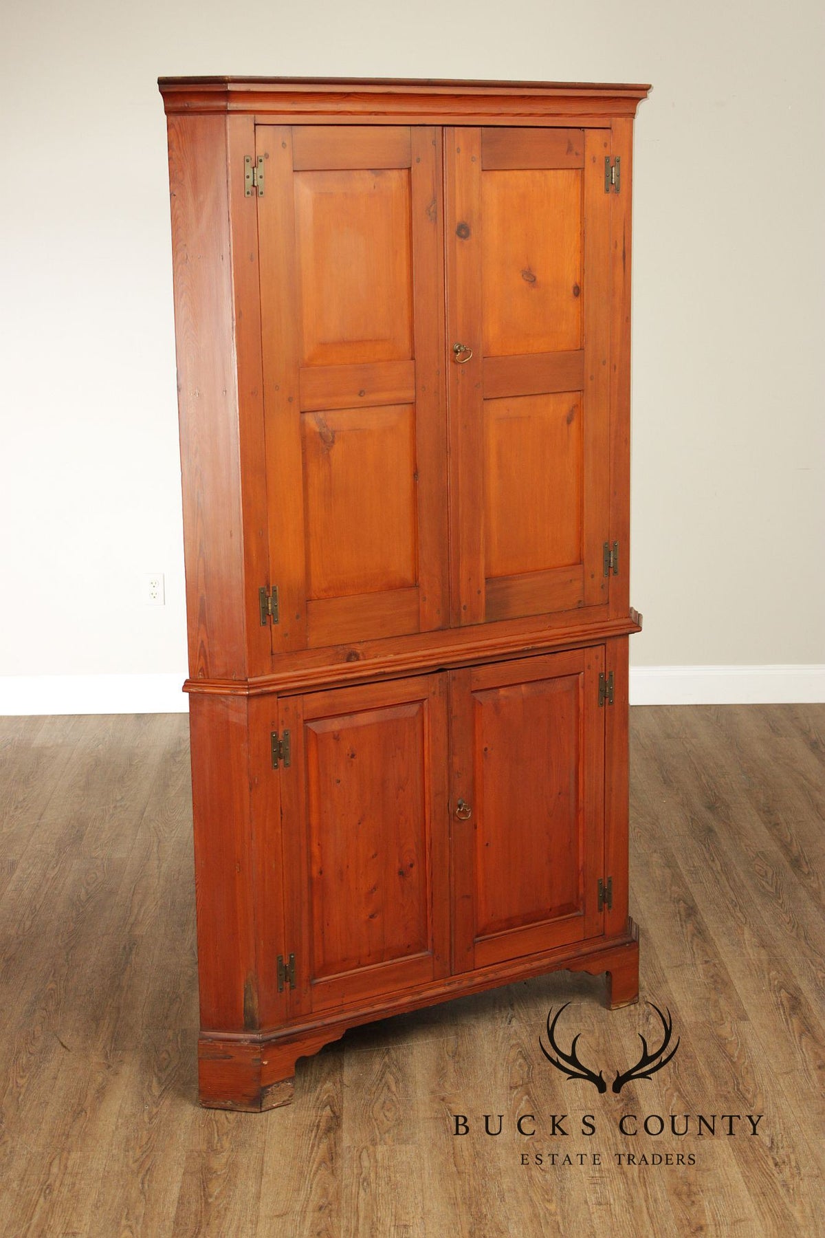 Antique American Pine Two-Part Paneled Door Corner Cupboard