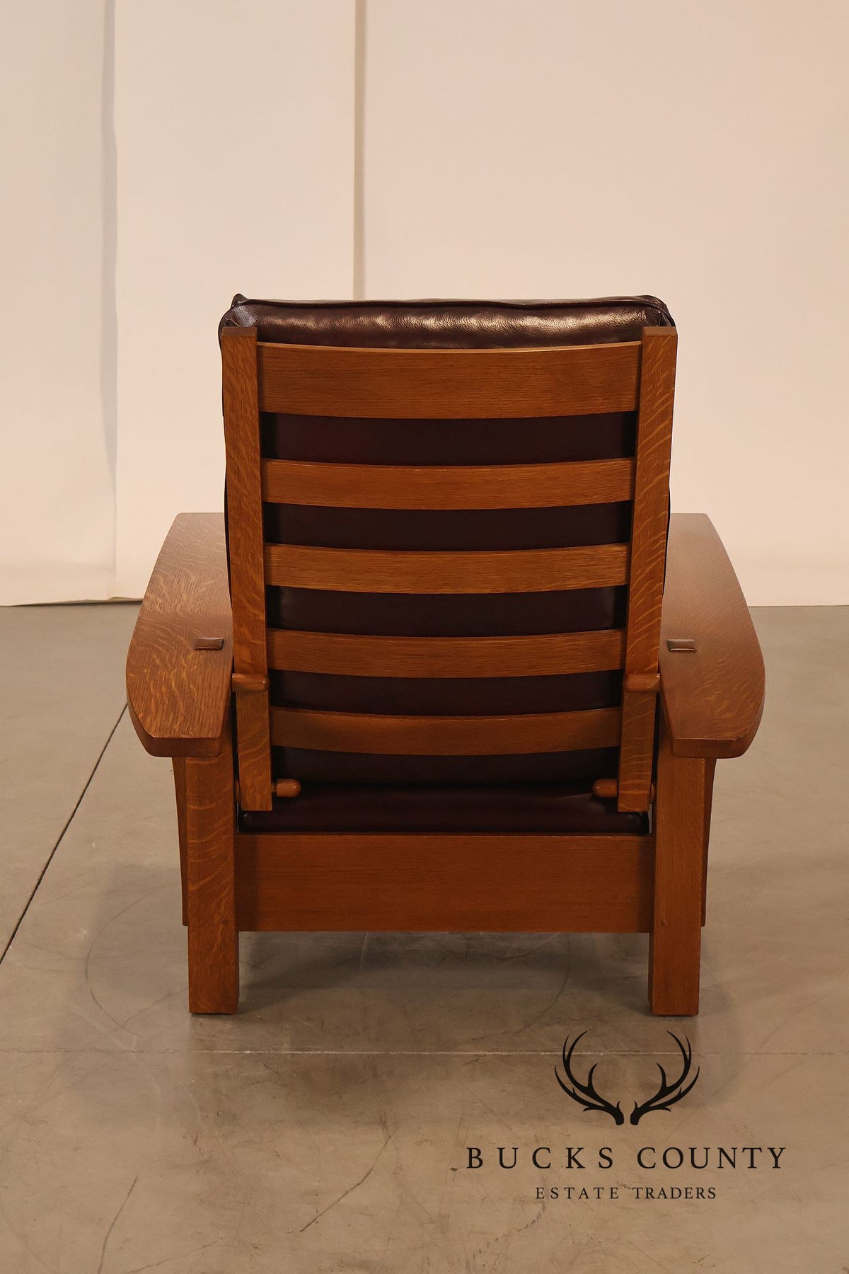 Stickley Mission Collection Pair Of Oak & Leather Bow Arm Morris Chairs