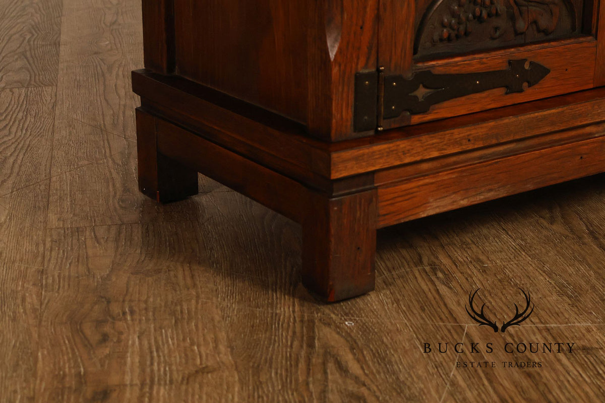 Vintage Spanish Revival Carved Oak Cabinet With Iron Hardware