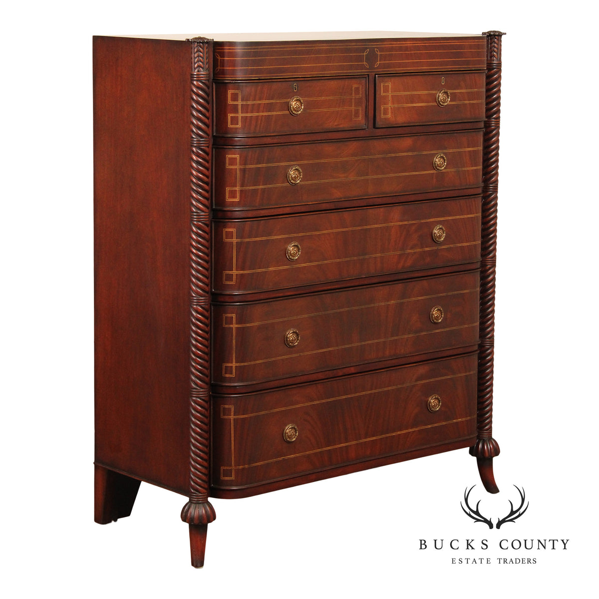Edwardian Style Custom Mahogany Inlaid High Chest Of Drawers