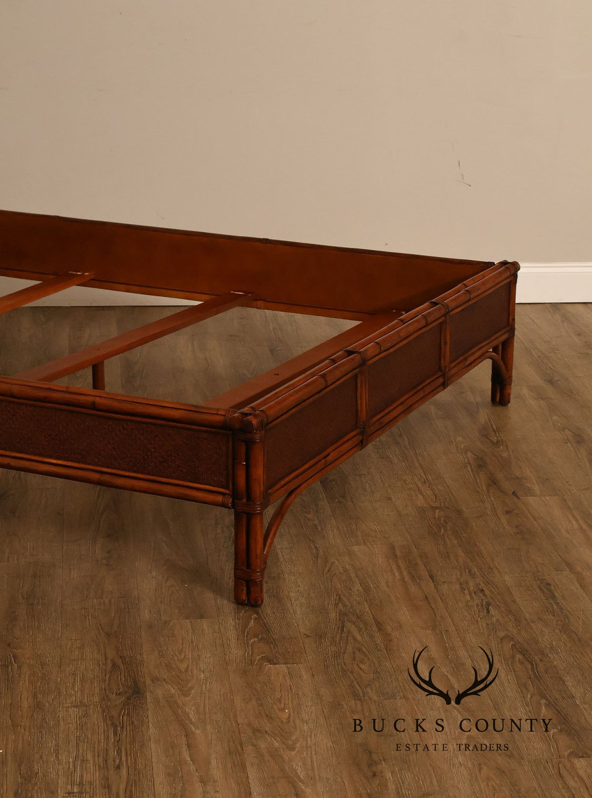 Chinese Chippendale Style Faux Bamboo and Rattan Queen Bed Frame