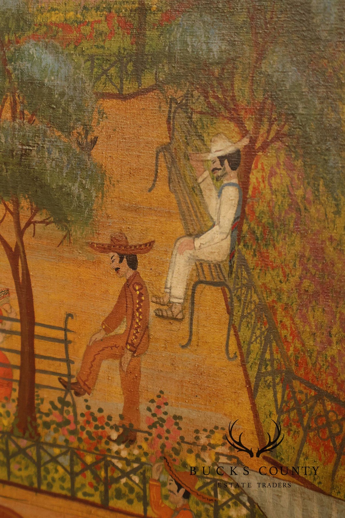 Original Mexican Oil Folk Art Garden And Carriage Scene Painting By R Torres