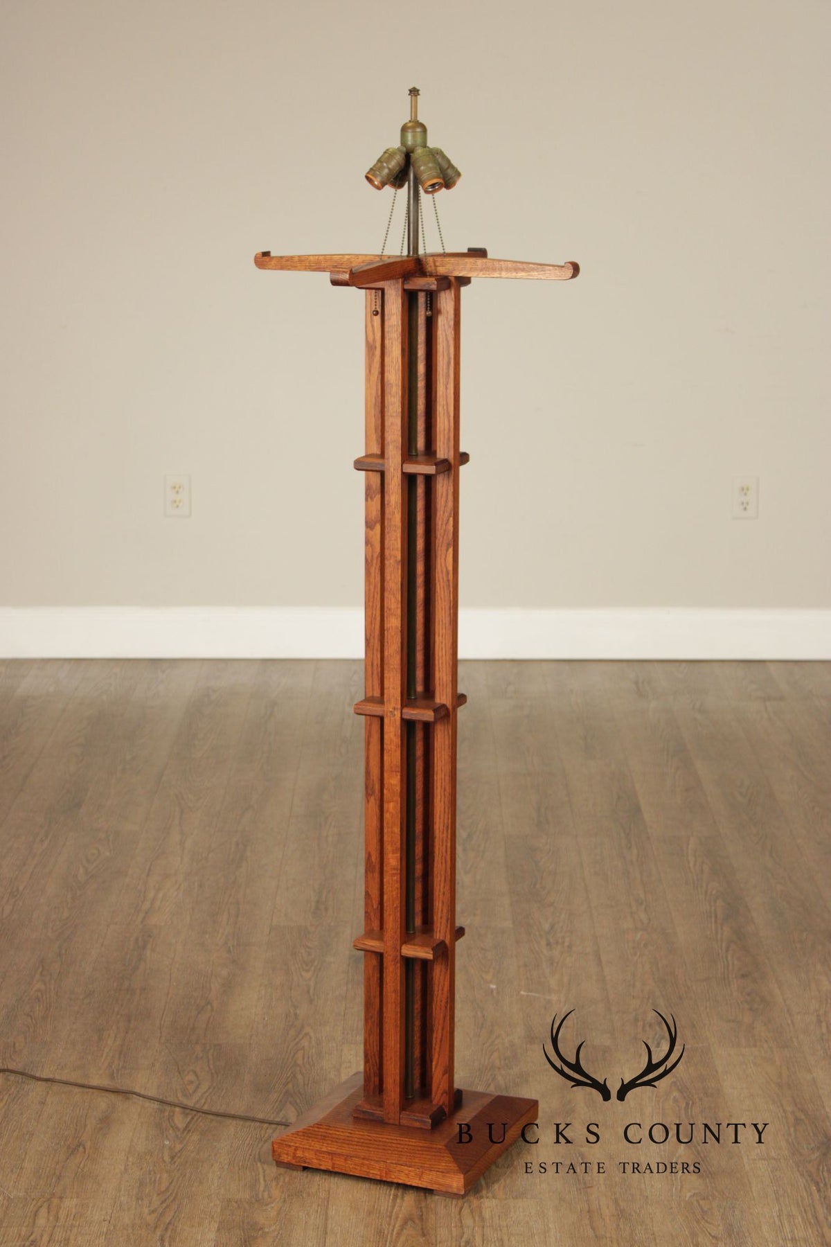 Pair Michael Adams – Aurora Studios Prairie School Oak & Stained Glass Floor Lamps