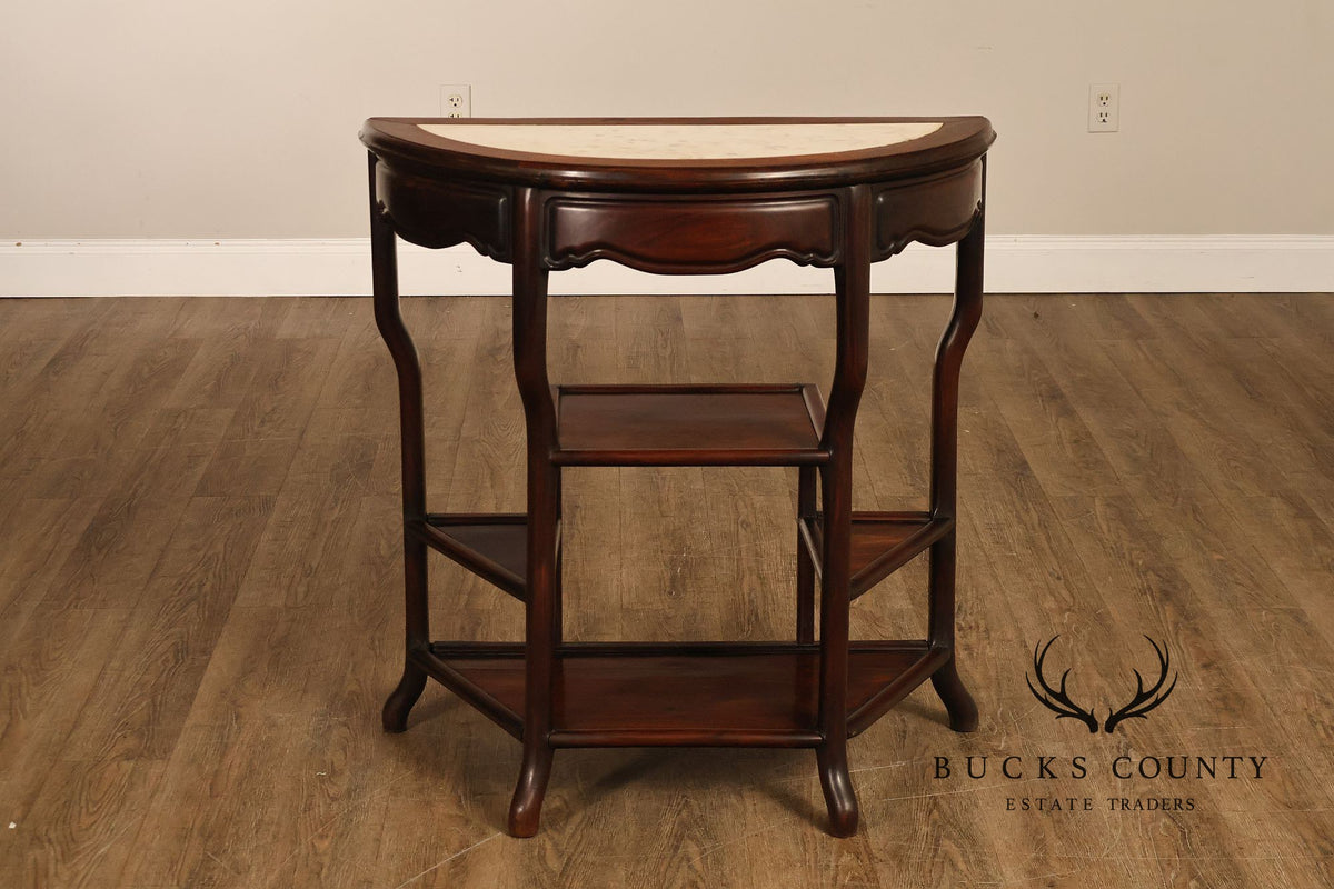 Asian Style Demilune Marble Top Side Table With Tiered Shelves