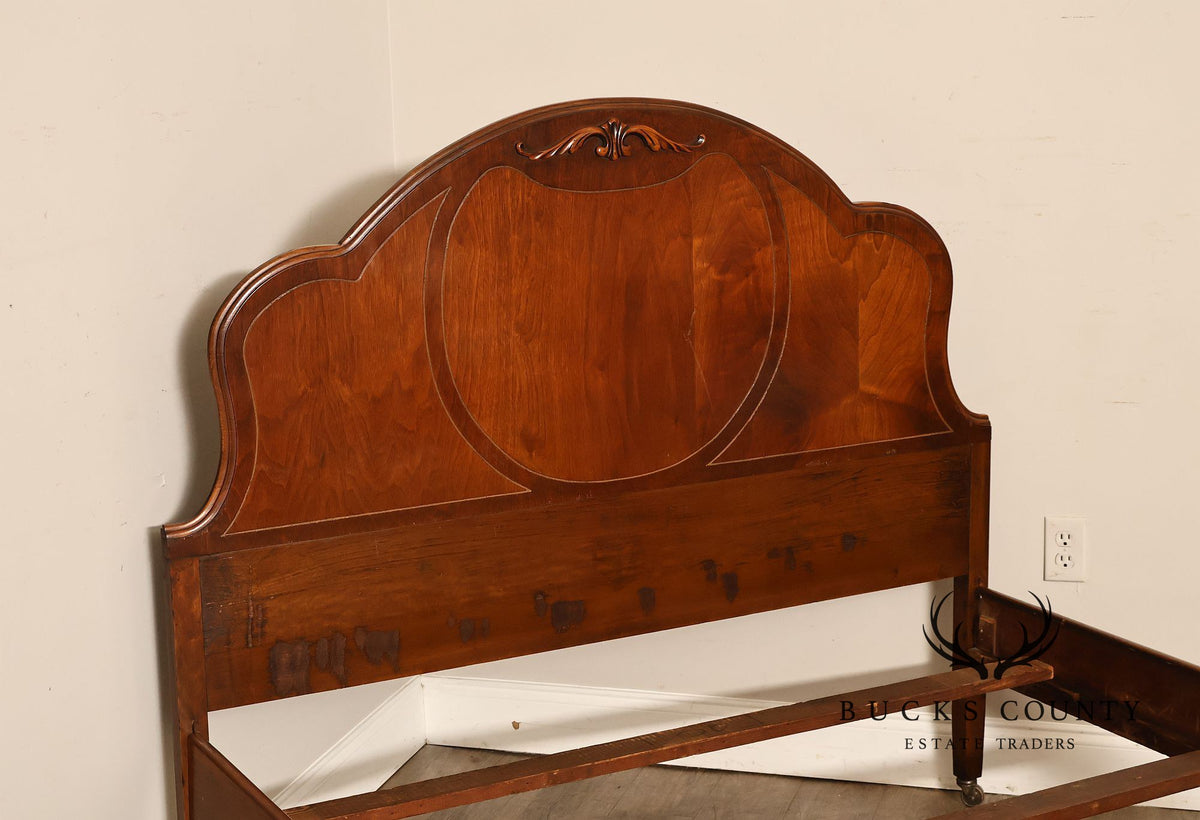 Antique Victorian Walnut Full Size Bedframe With Carved Floral Accents And Decorative Inlay