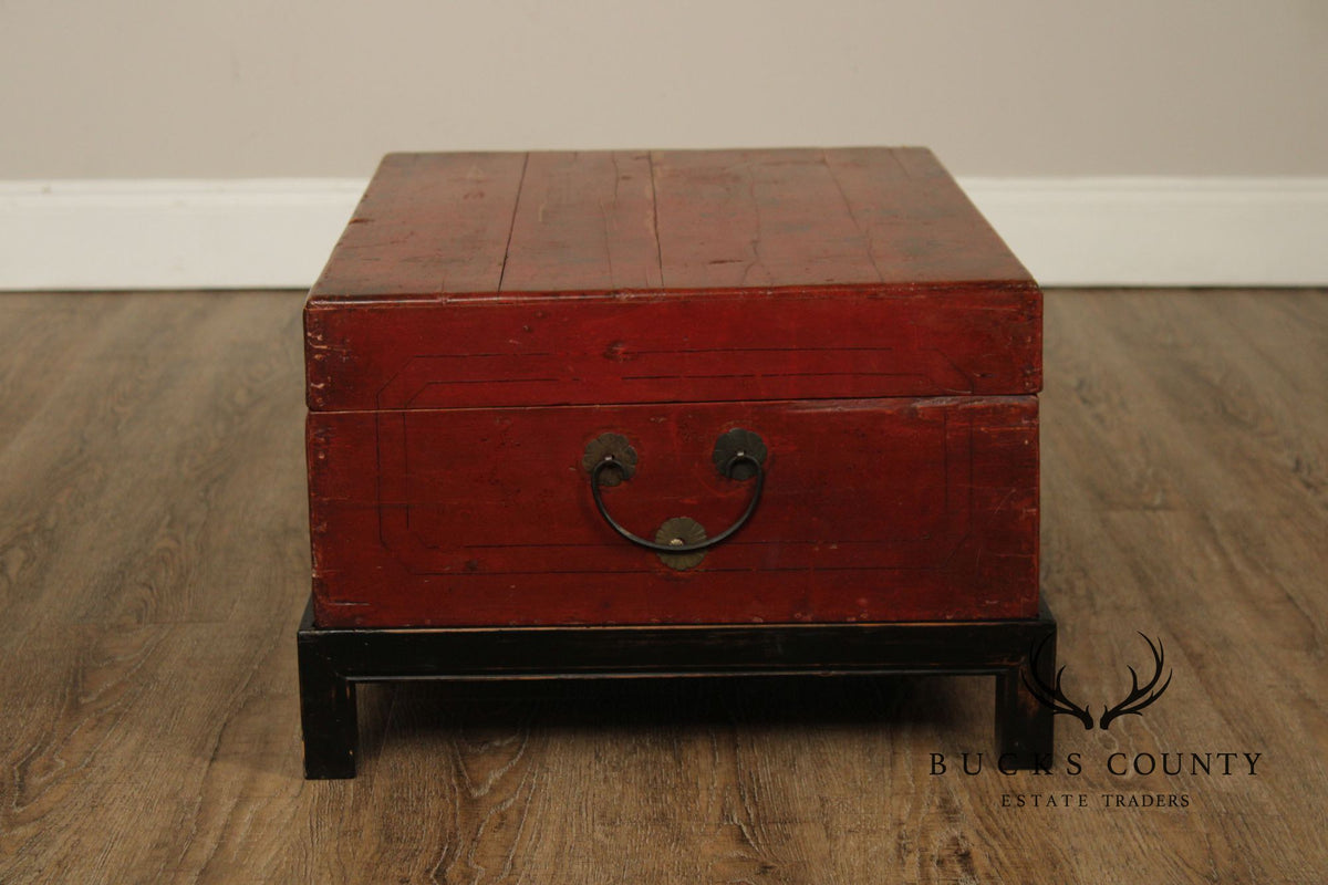 Chinese Export Style Red Lacquered Trunk With Brass Hardware On Custom Black Stand, Coffee Table