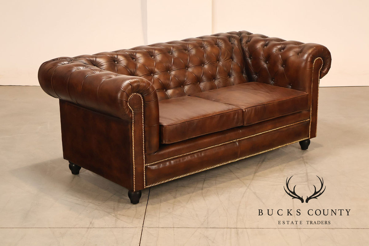Chesterfield Style 6 Foot Cognac Brown Tufted Leather Sofa
