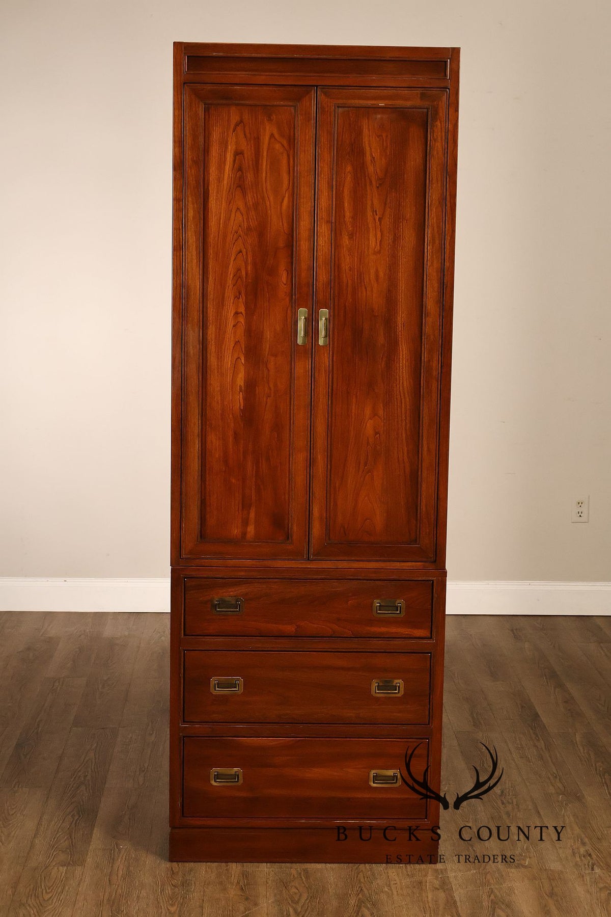 Ethan Allen Campaign Style Pair of Walnut Armoires