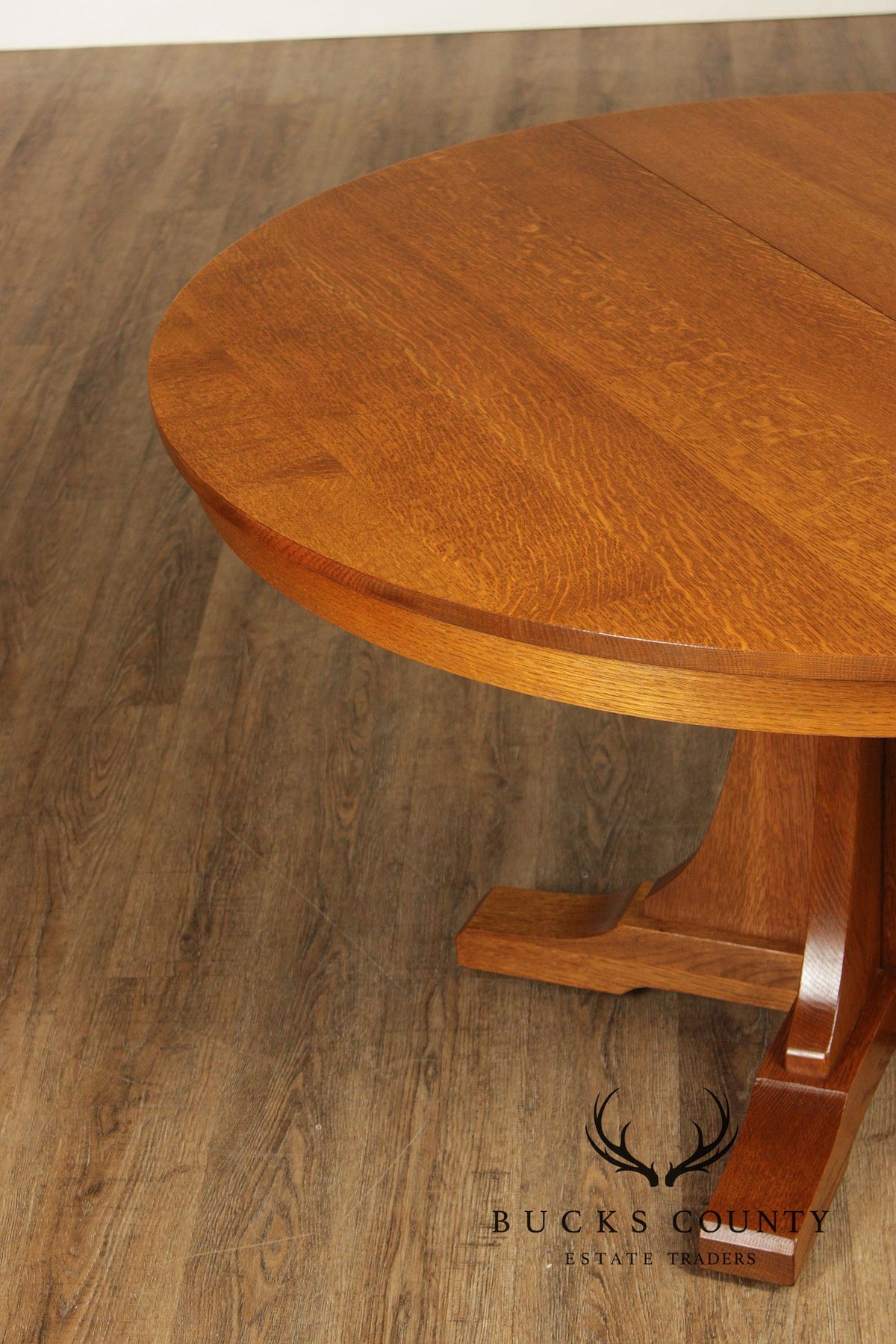 Stickley Mission Collection Round Oak Pedestal Expandable Dining Table