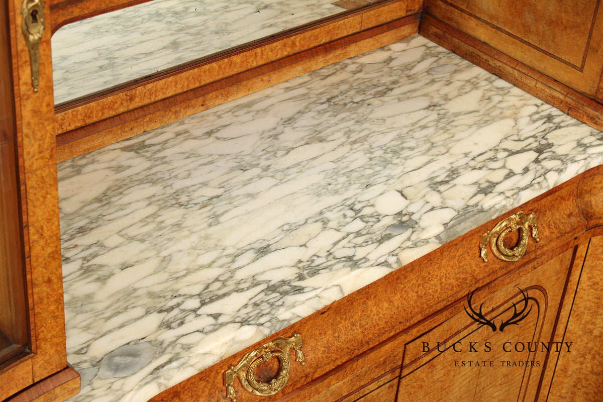 Antique French Louis XVI Style Burl Walnut Marble Top Buffet Hutch