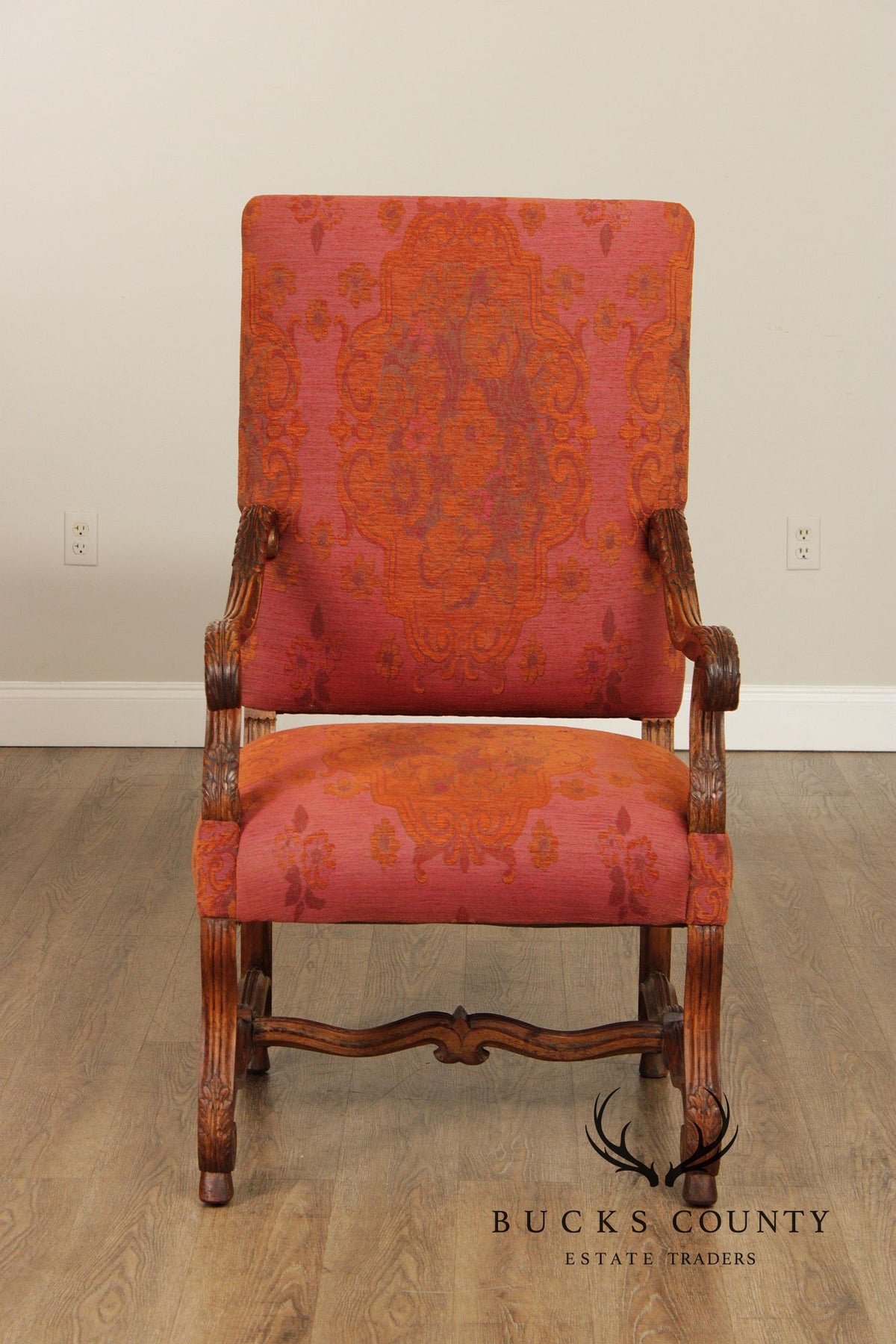 Baroque Style Carved Open Armchair With Upholstered Seat And Back
