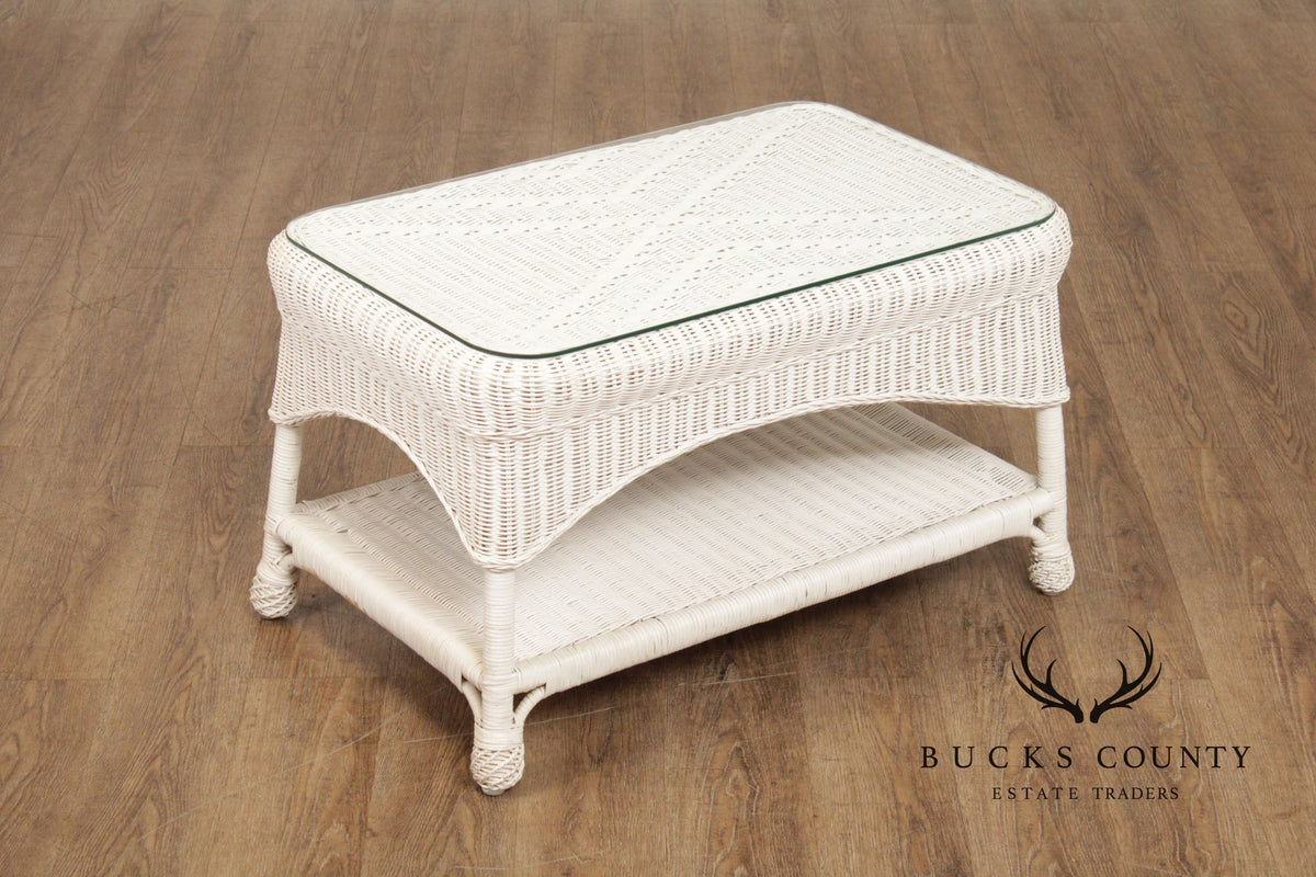 White Wicker Glass Top Coffee Table