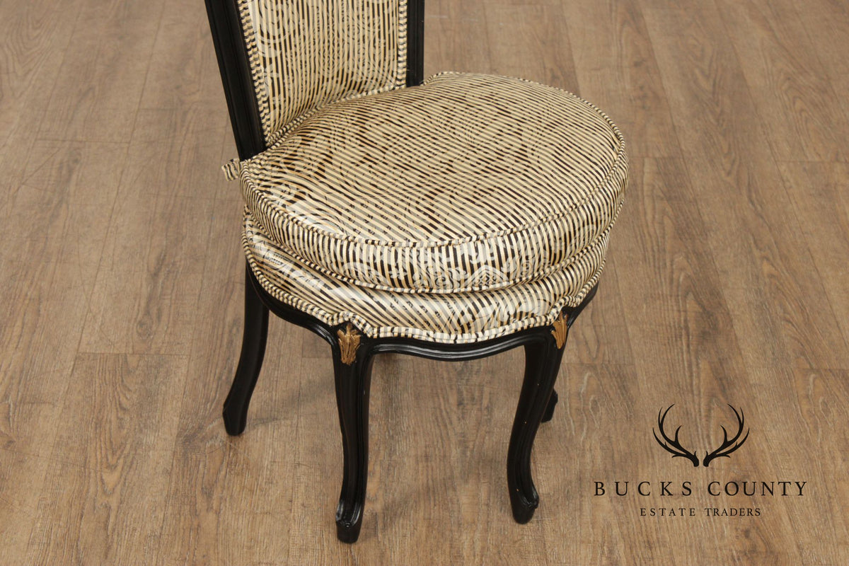 Italian Rococo Style Pair of Ebonized and Partial Gilt Side Chairs
