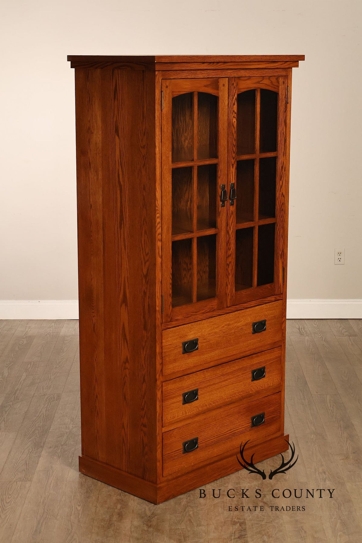 Mission Oak Two Door Display Bookcase Cabinet With Drawers
