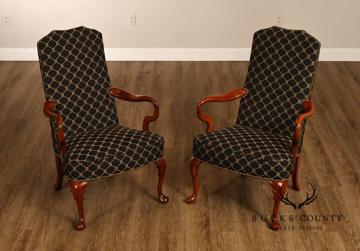 Queen Anne Style Pair Of Tall Back Upholstered Armchairs