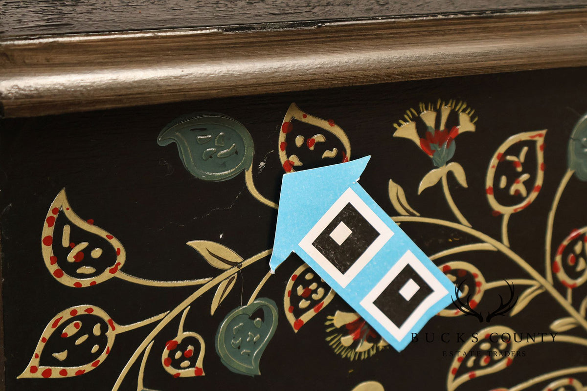 Hand Painted Black Floral Decorated Blanket Chest With Drawer