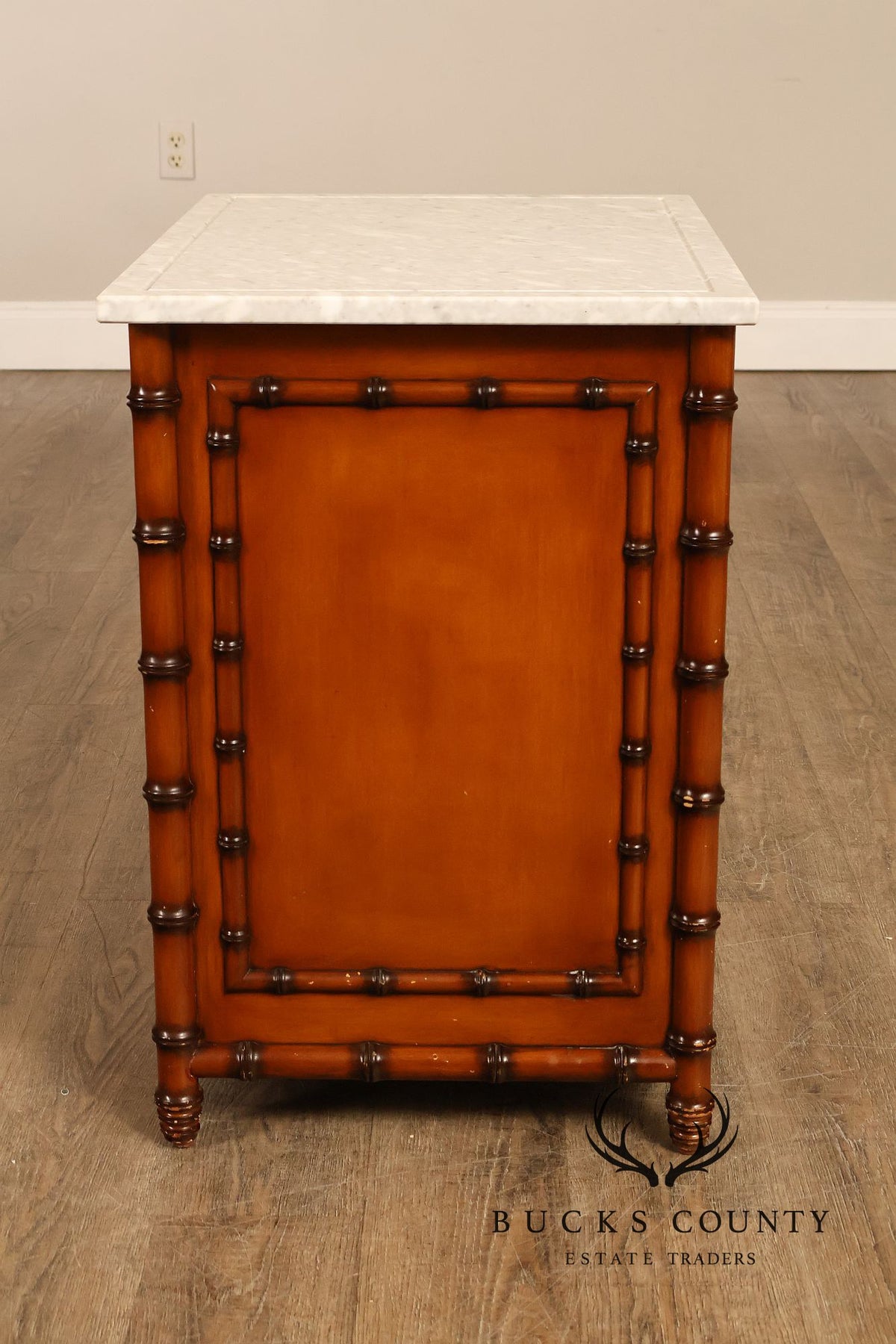 Williams Sonoma Pair of Marble Top Faux Bamboo Nightstands