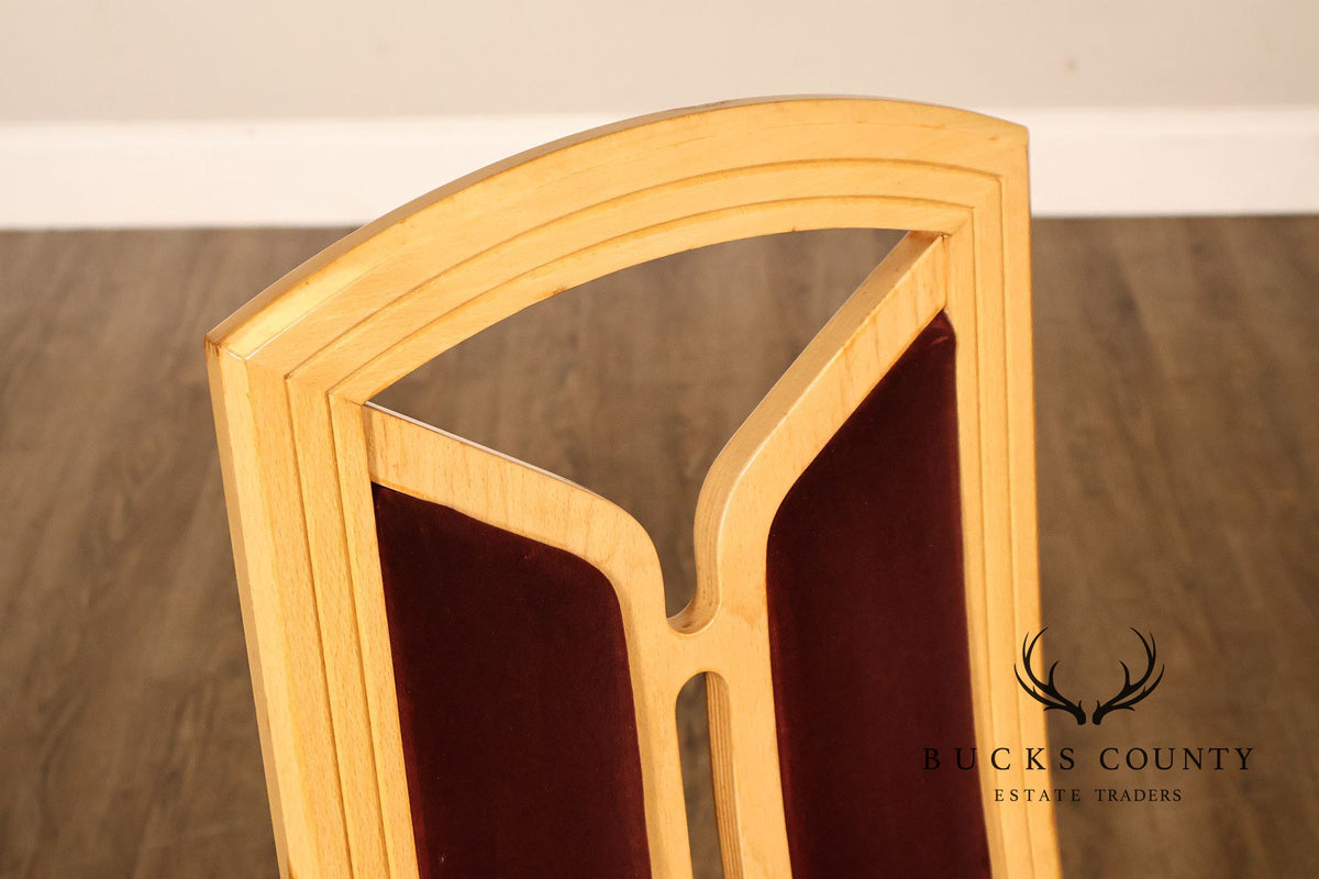 Tonon Set Of Eight Italian Light Wood Modern Dining Chairs With Burgundy Upholstery