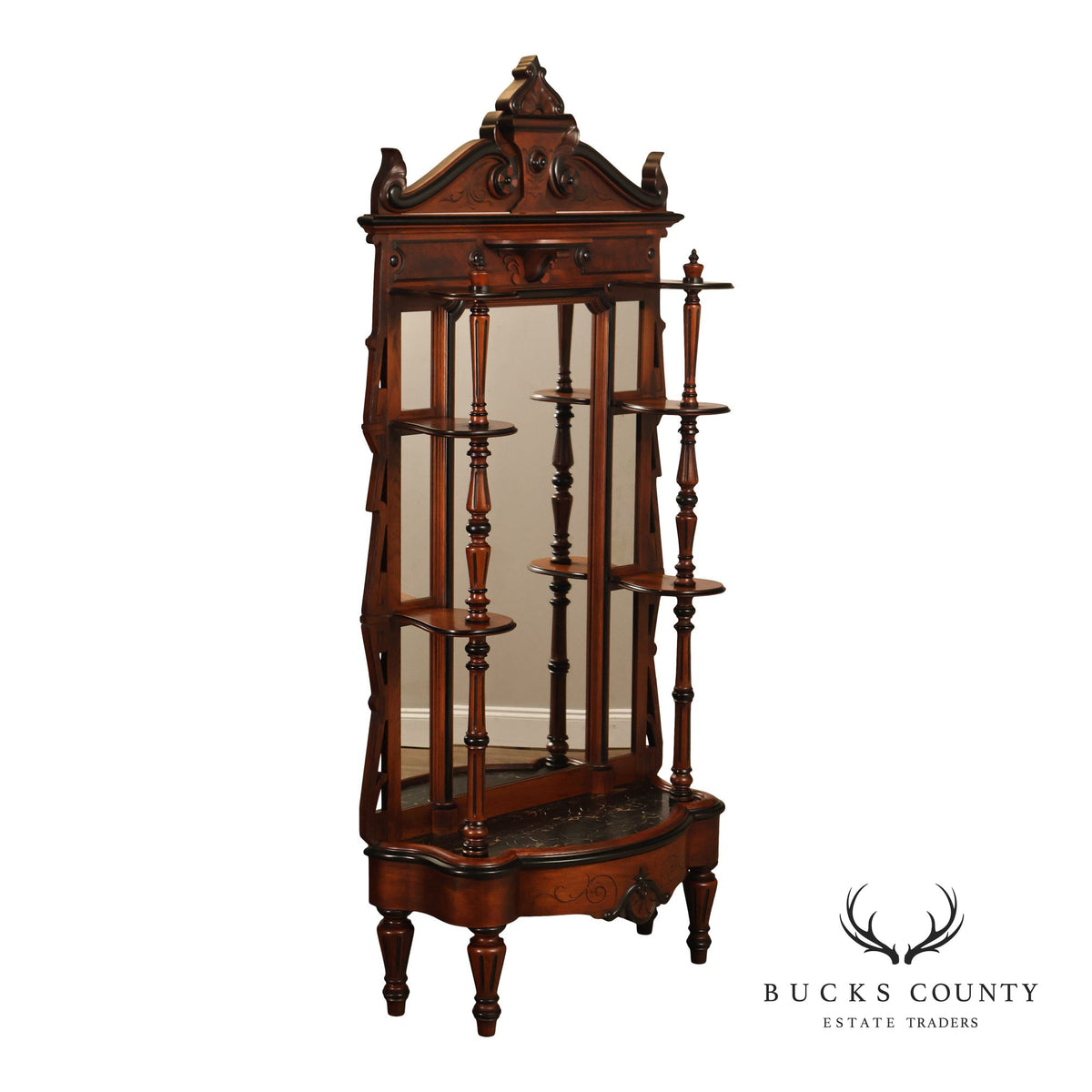 Antique American Renaissance Revival Walnut Mirrored Etagere Hall Tree