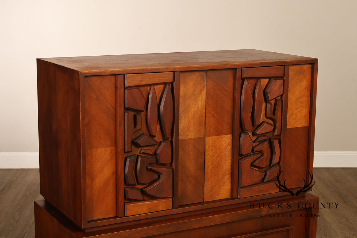 United Furniture 'Tiki' Brutalist Sculpted Walnut Tall Chest