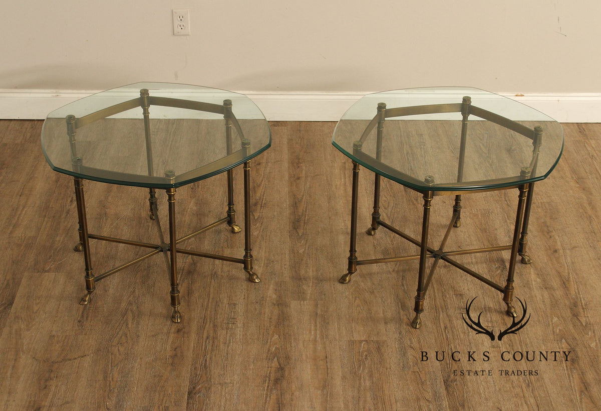 Hollywood Regency Vintage Italian Pair of Glass Top Brass Side Tables