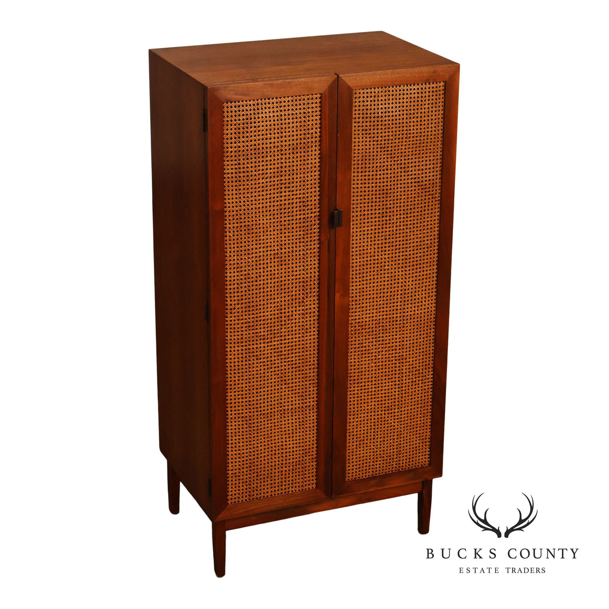 Mid-Century Modern Walnut Cane-Front Storage Cabinet