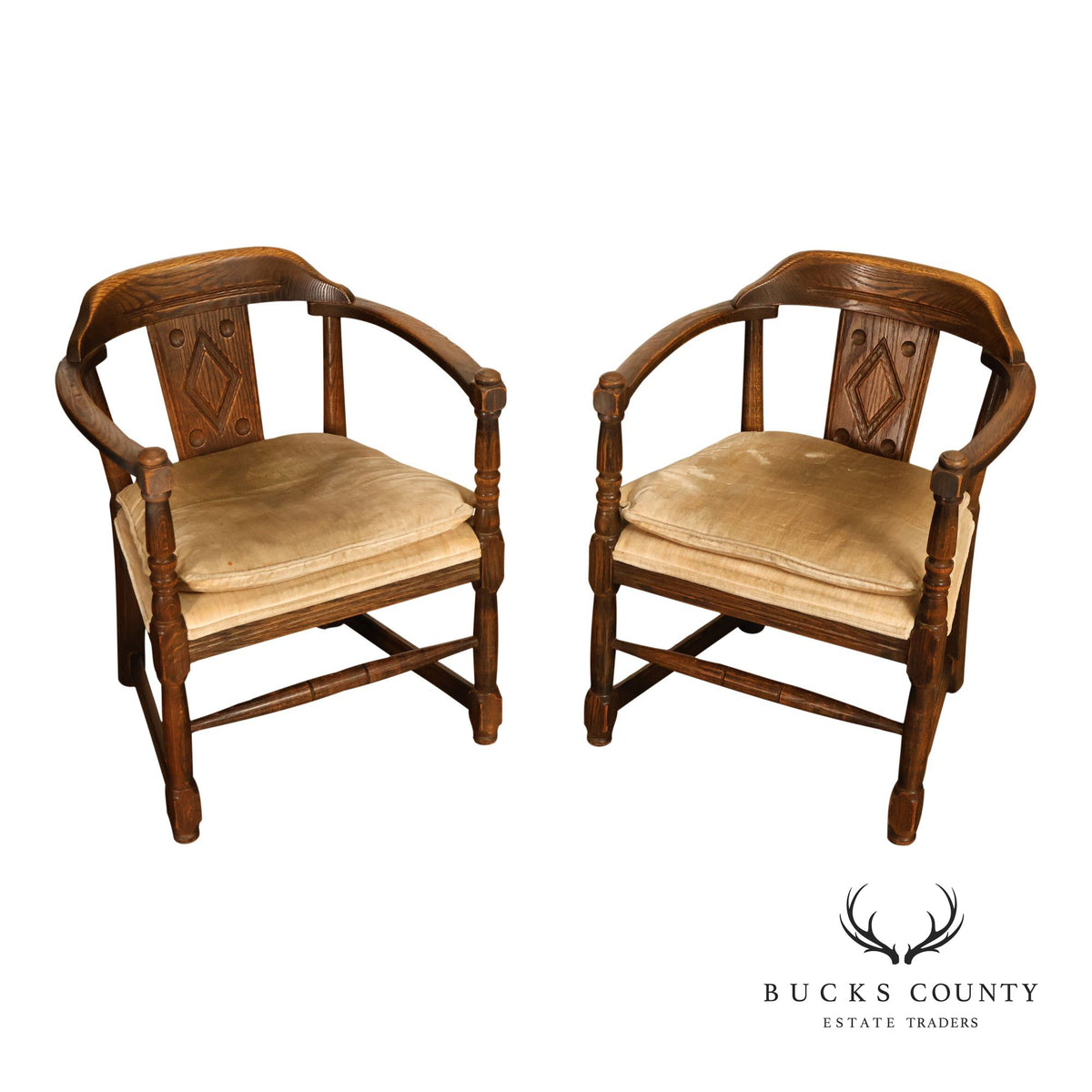 Tudor Style Pair of Oak Armchairs