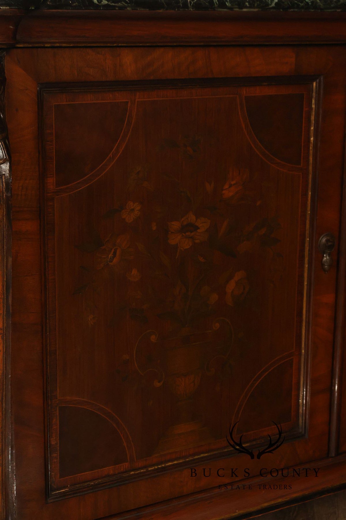 Antique Marble Top Mahogany Inlaid Figural Carved Buffet Sideboard