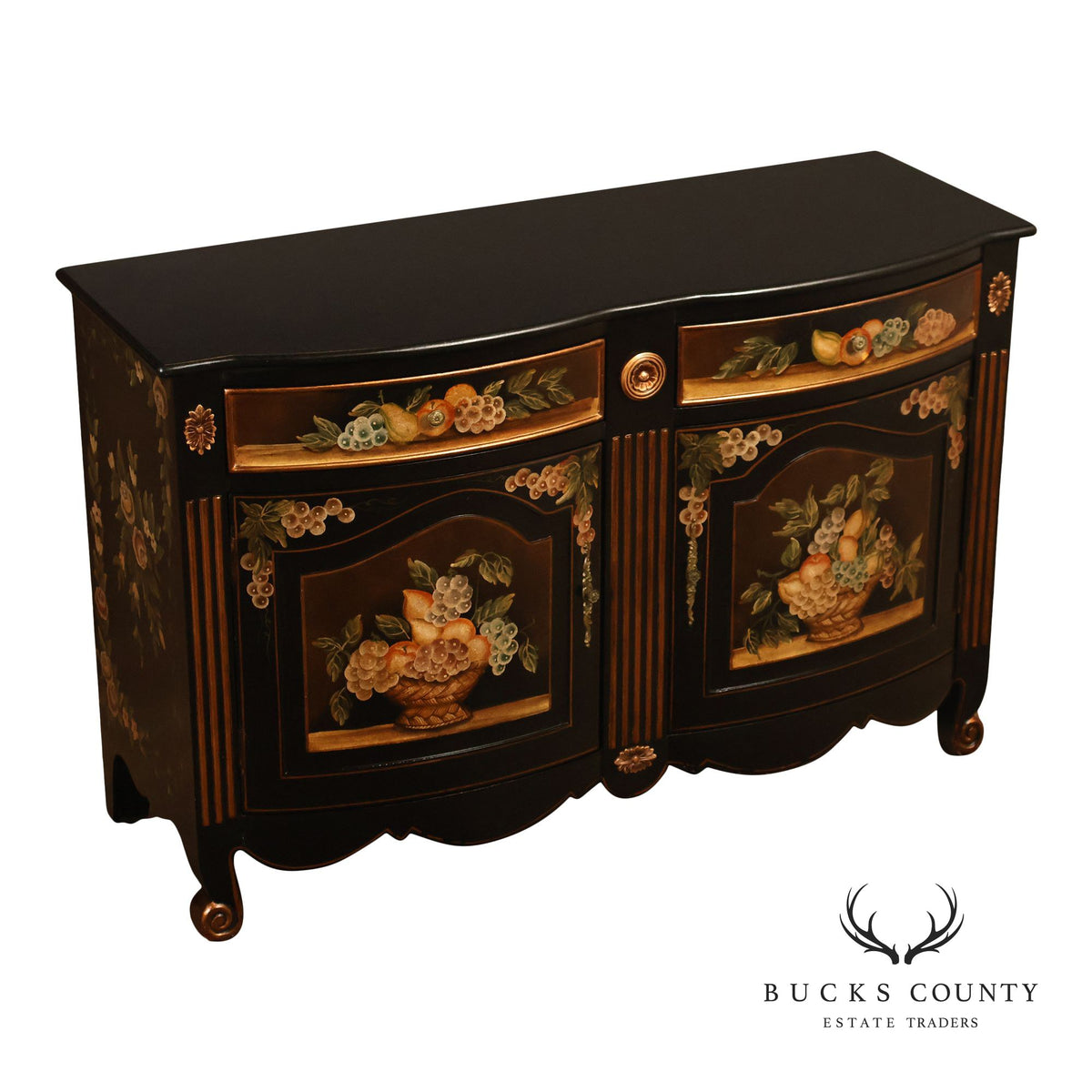 French Provincial Style Black Lacquer Hand-Painted Fruit Basket Sideboard