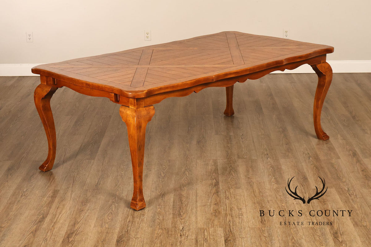 French Provincial Style Parquetry Top Dining Table with Scalloped Apron and Cabriole Legs