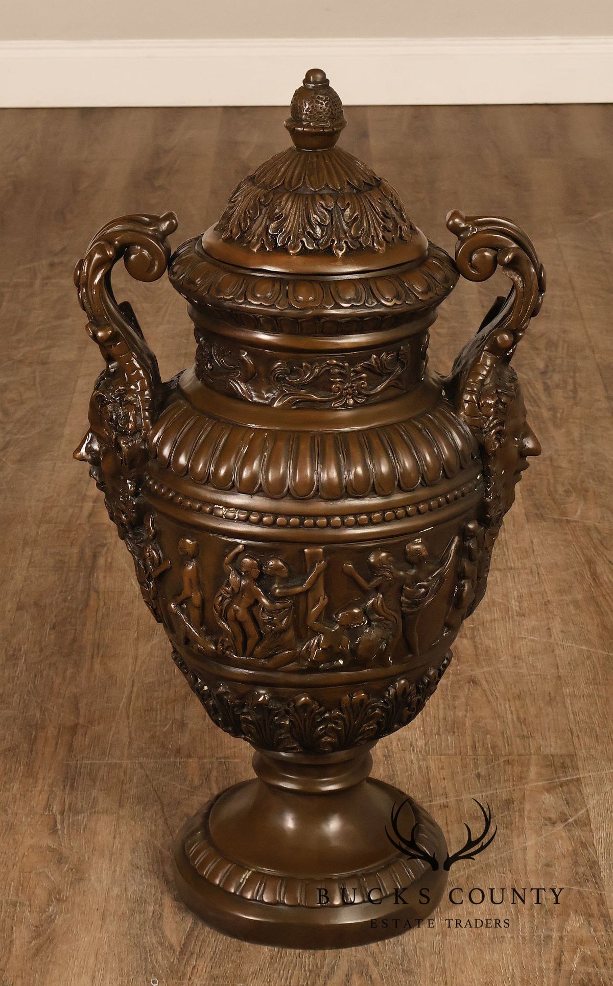 Neoclassical Style Large Pair Of Cast Bronze Covered Urns With Figural Relief