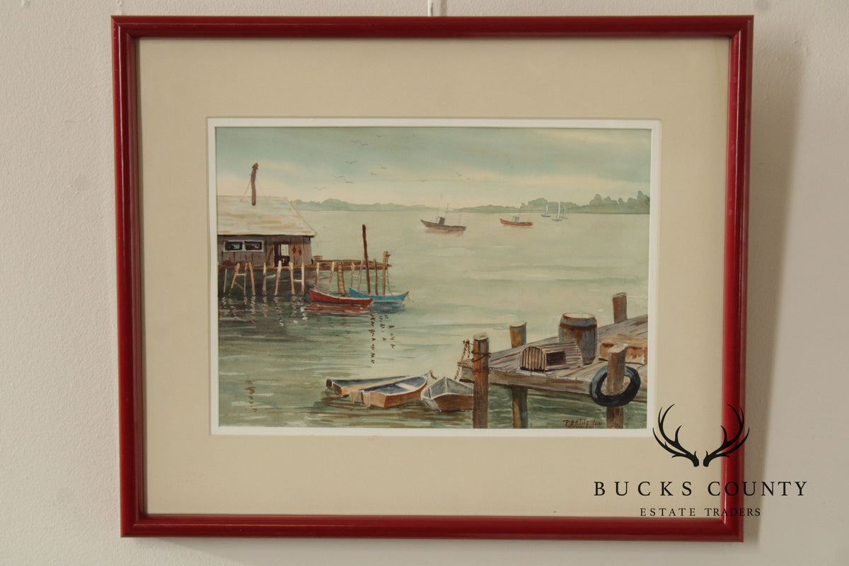 Bertha Ann Stupak Watercolor Painting, Boats in Harbor