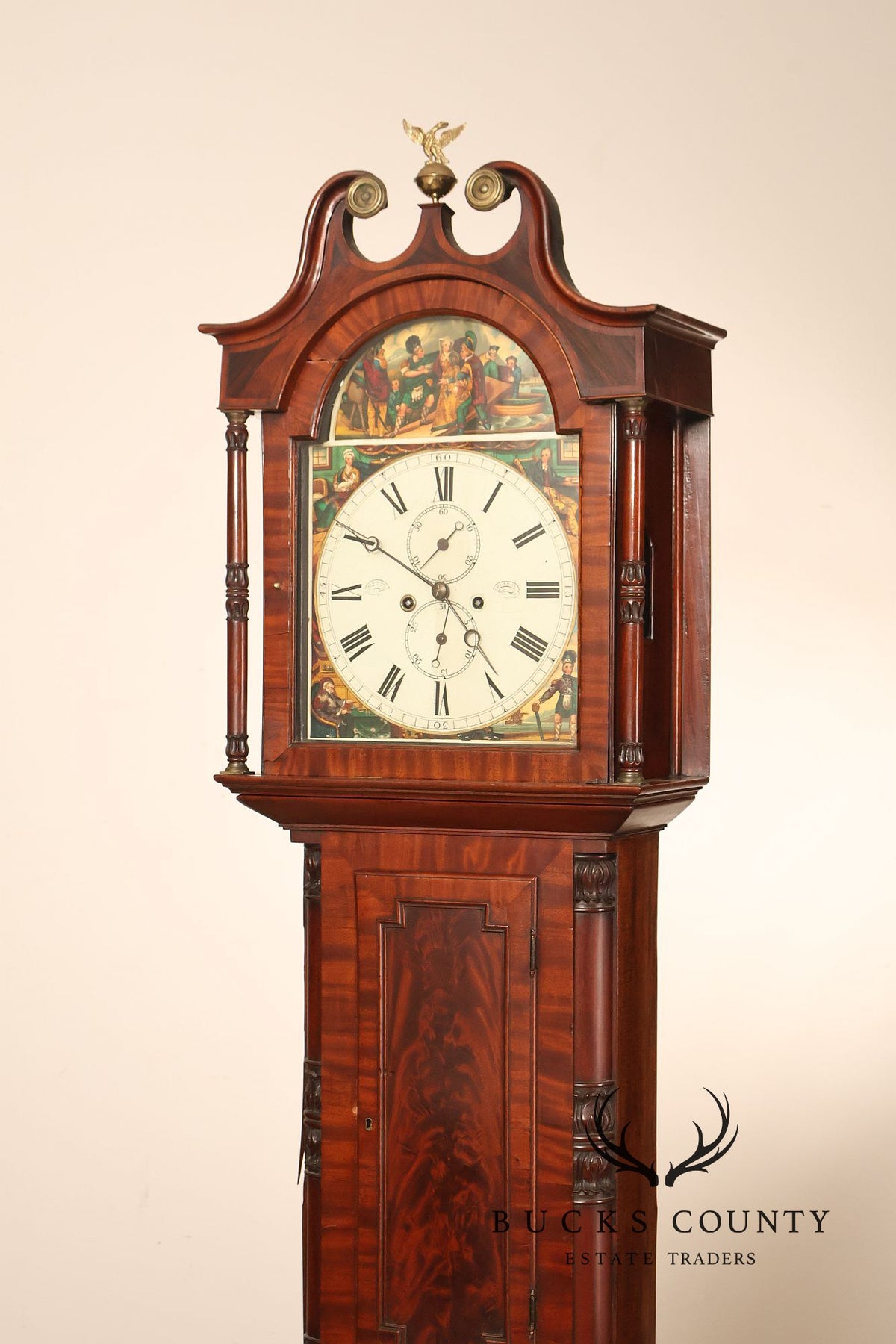 Antique Mahogany Tall Case Grandfather Clock With Painted Dial By Dundee