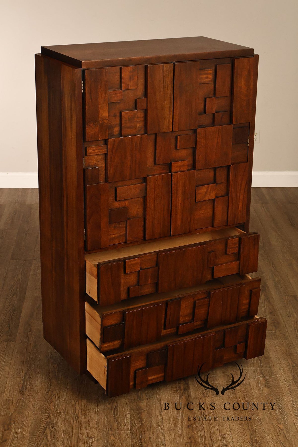Vintage Lane Mid-Century Modern Brutalist Walnut Armoire