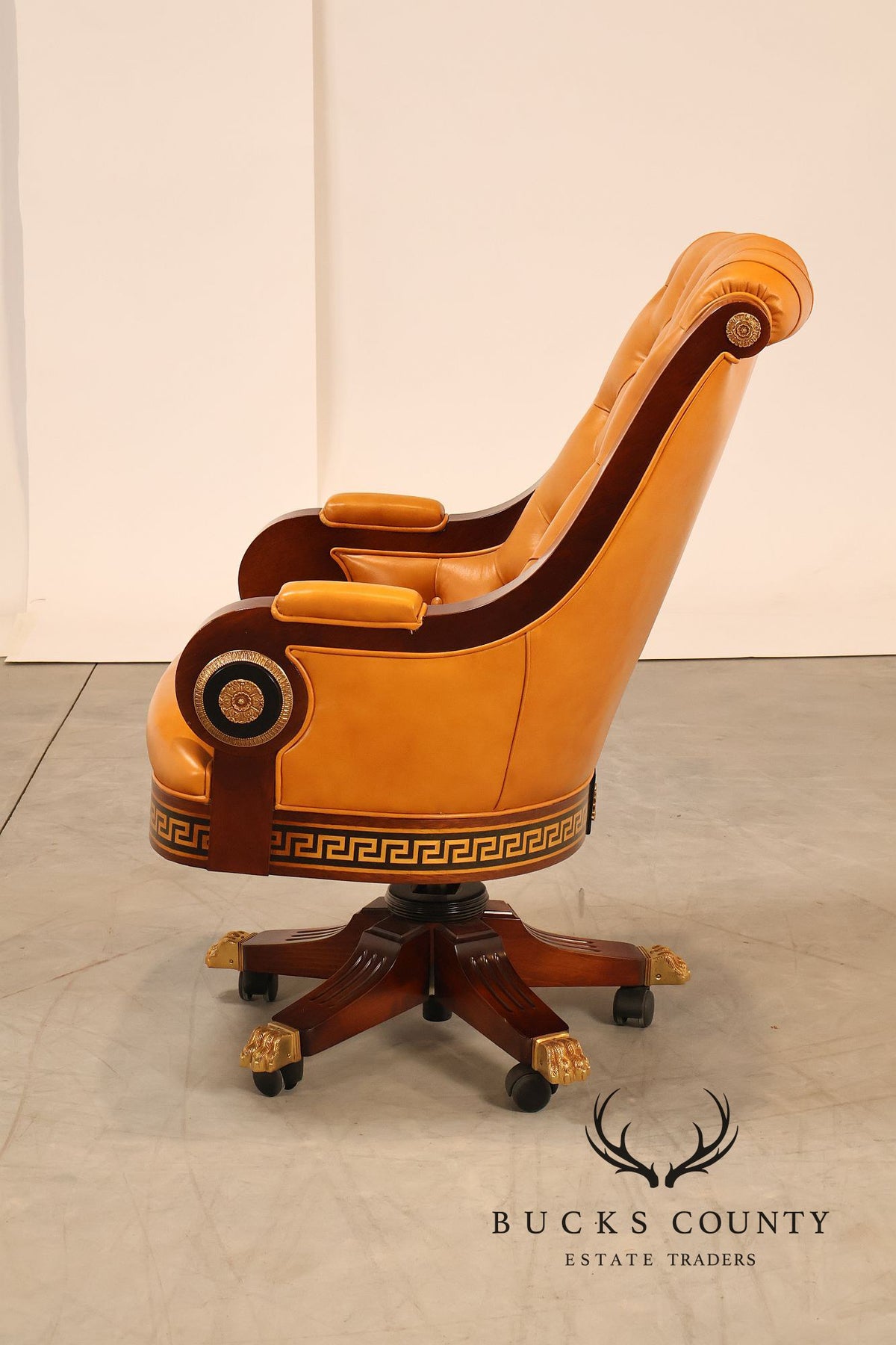 Mariner Leather Swivel Office Chair With Tufted Back And Carved Mahogany Base