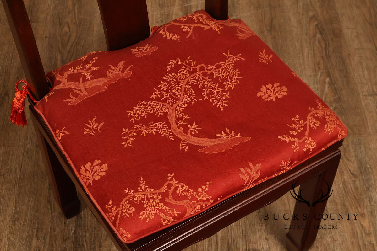 Asian Style Set Of Ten Rosewood Dining Chairs With Red Silk Cushions