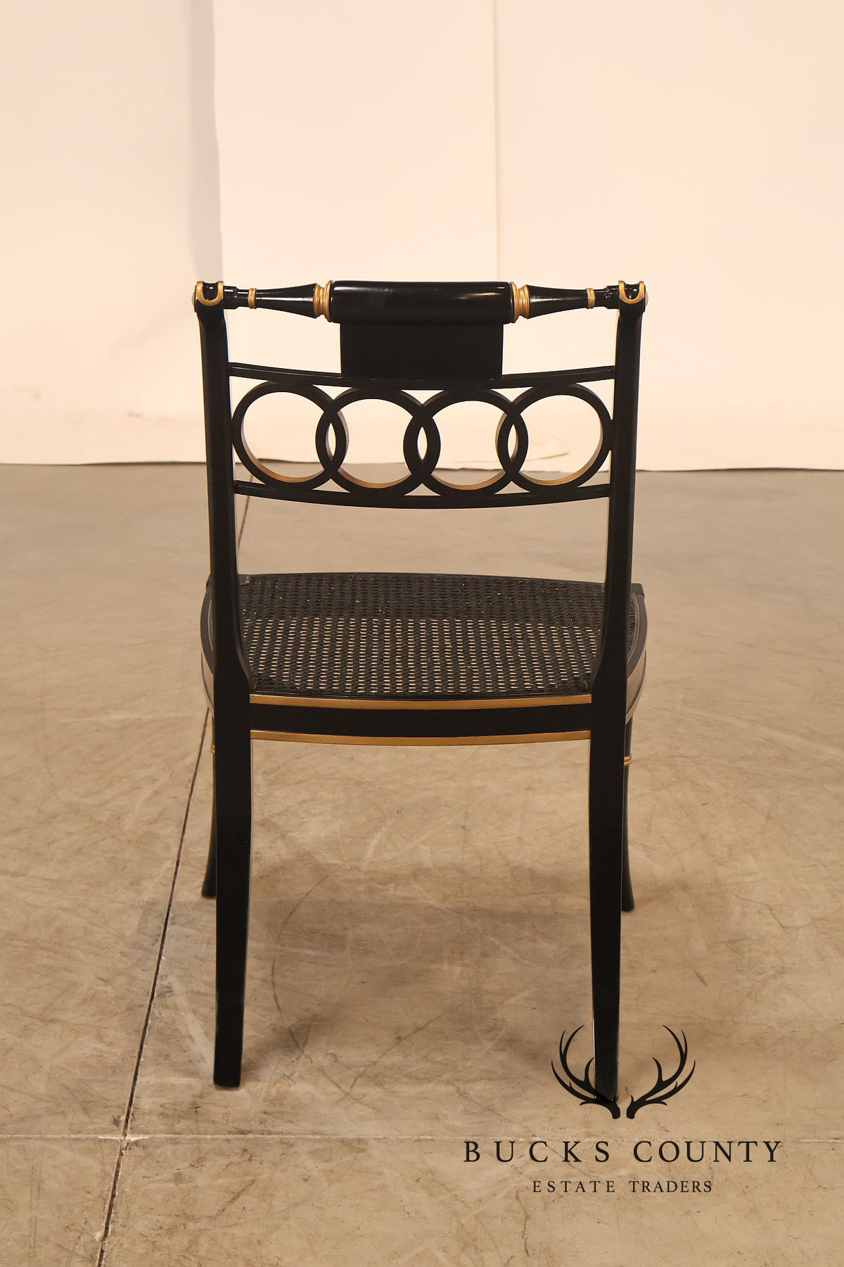 Baker Regency Style Pair of Ebonized and Partial Gilt Side Chairs