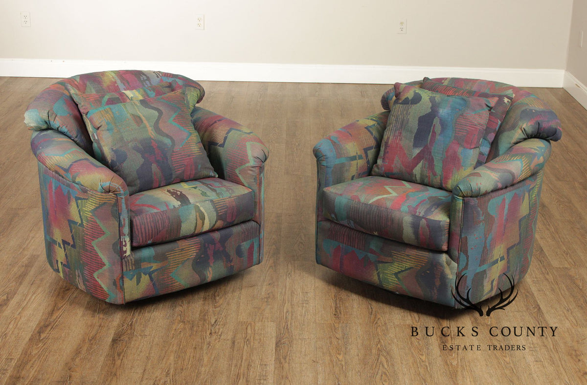 Sherrill Furniture Post Modern Pair of Swivel Club Chairs