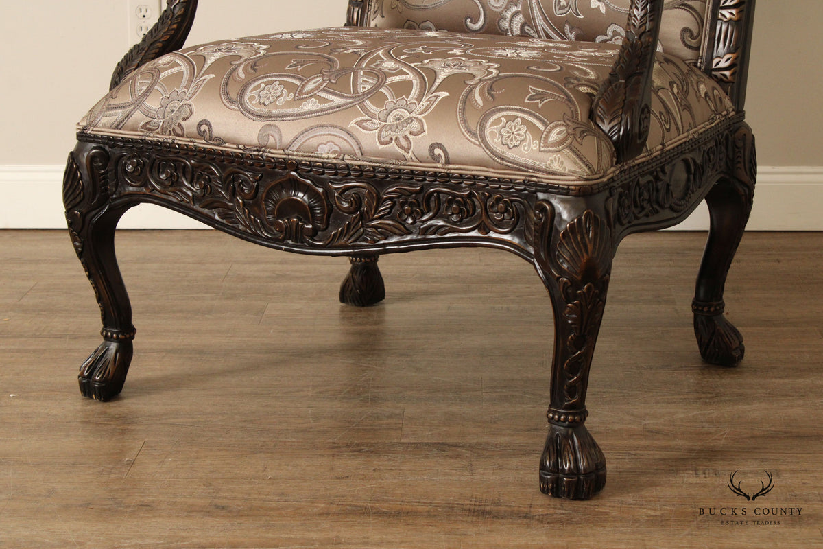 Modern Georgian Style Wide Seat Pair Of Carved Frame Custom Upholstered Armchairs With Ottoman
