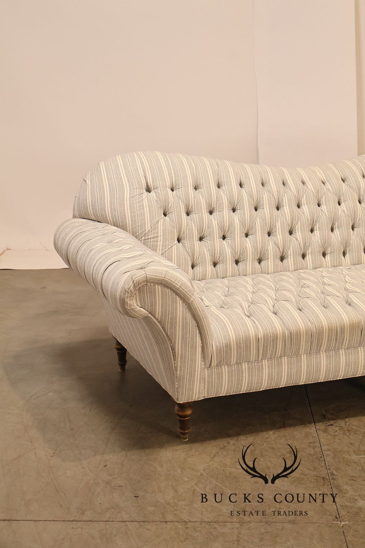 Cambridge Collection Tufted Blue And White Striped Upholstered Sofa