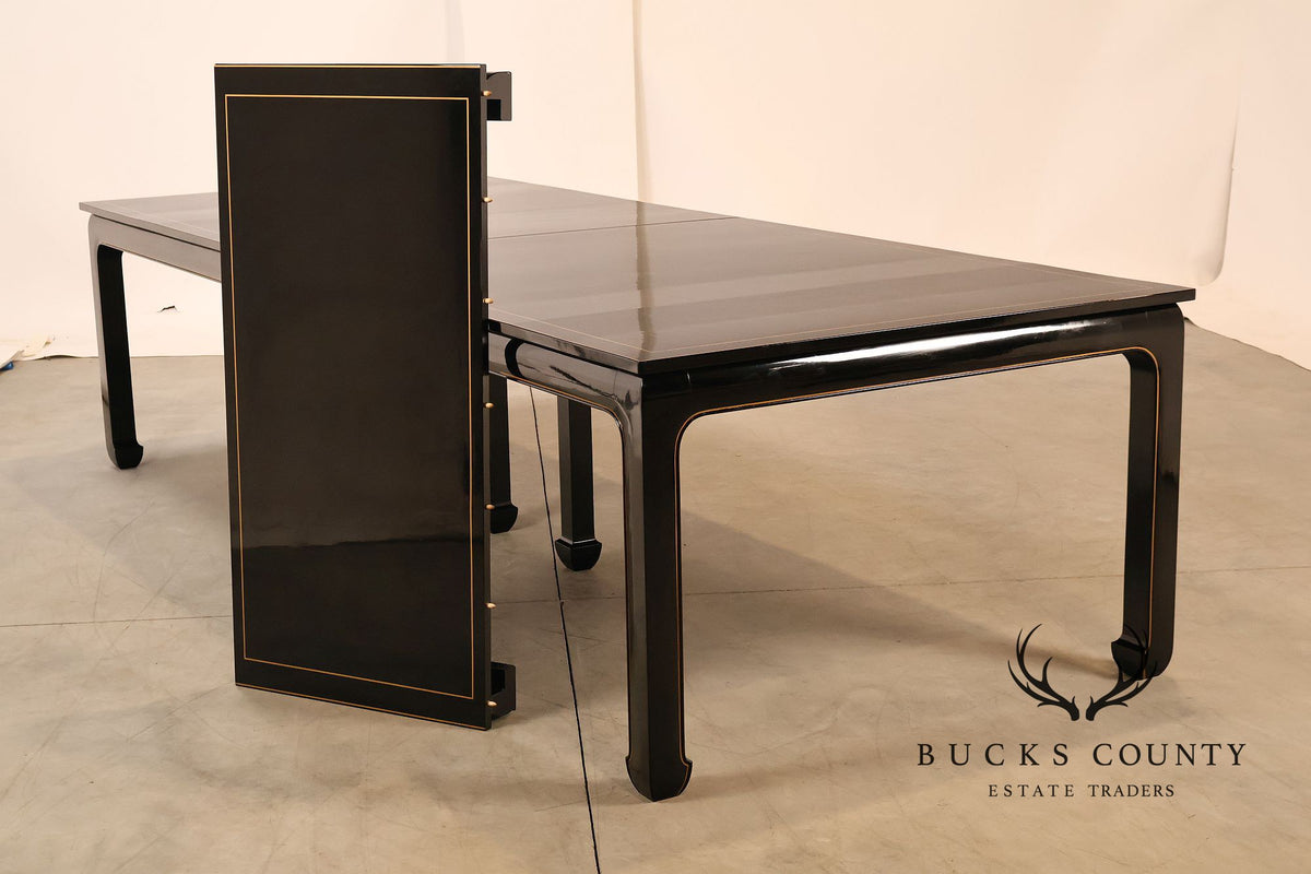 Custom Black Lacquered 12 Foot Extendable Dining Table With Gold Line Inlay
