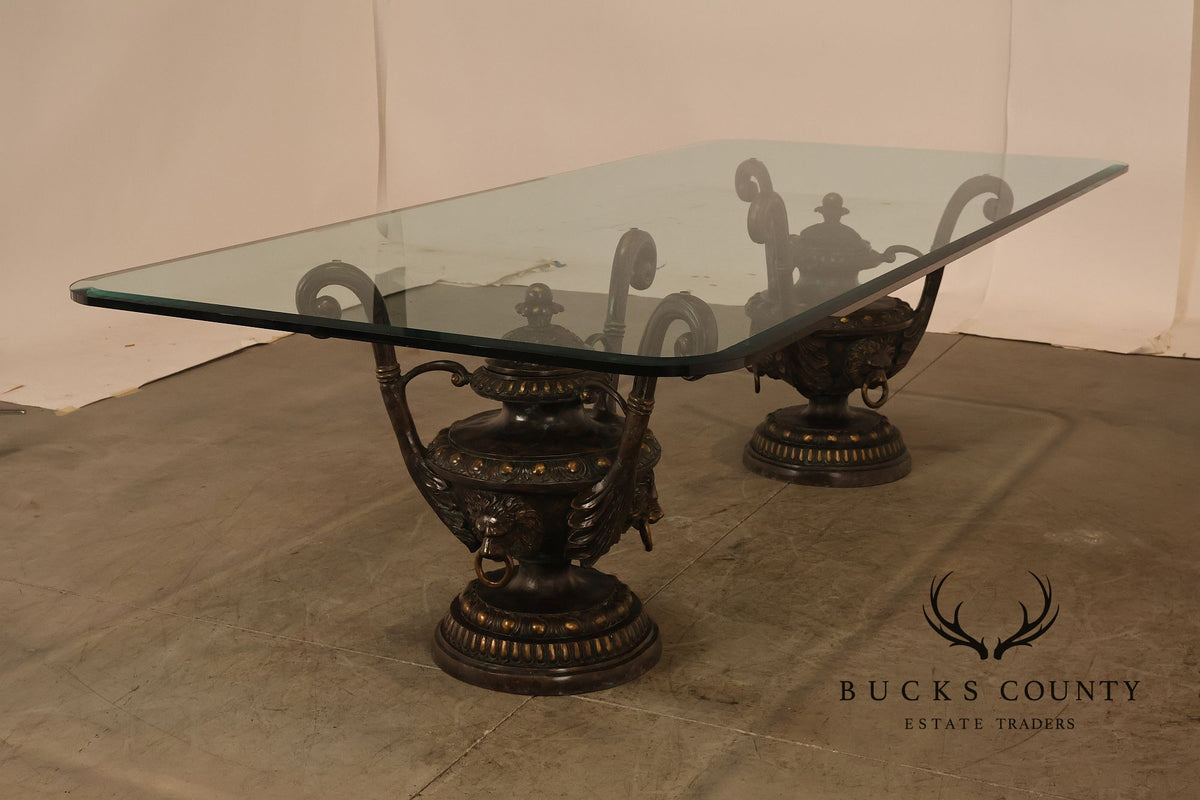 Monumental Brass Urn Form  Double Pedestal Glass Top Dining Table