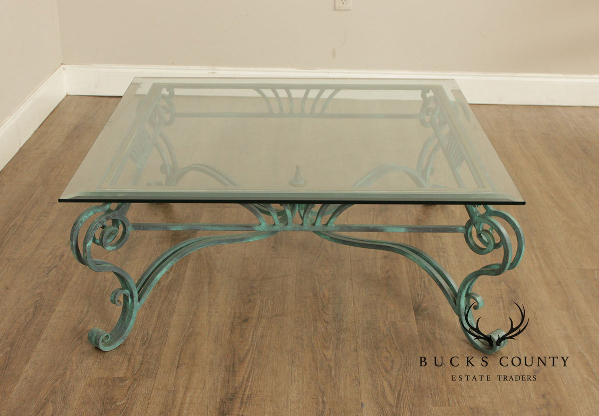 Baroque Style Glass Top Wrought Iron Coffee Table