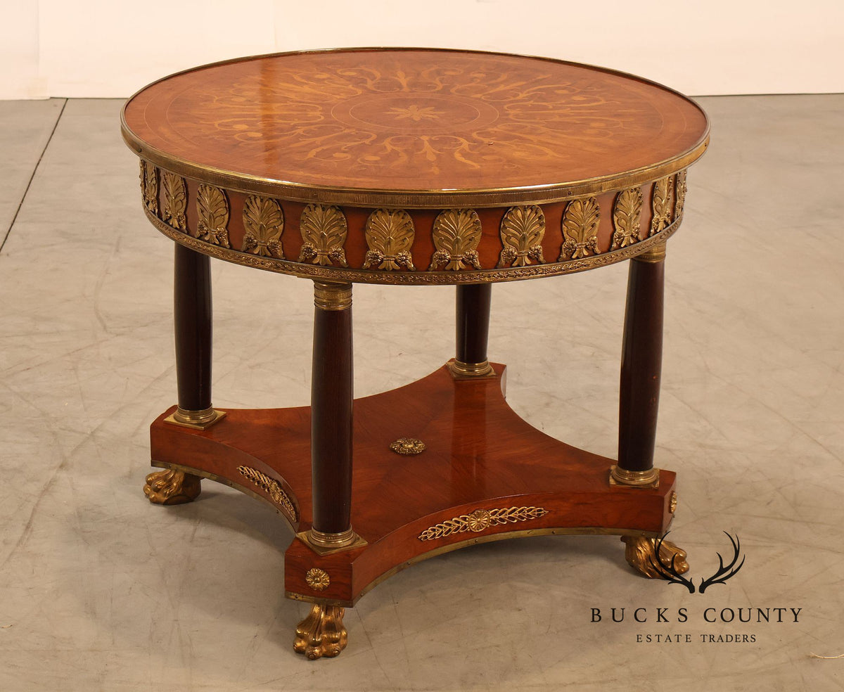 Empire Style Ormolu Mounted Round Marquetry Inlaid Cocktail Table