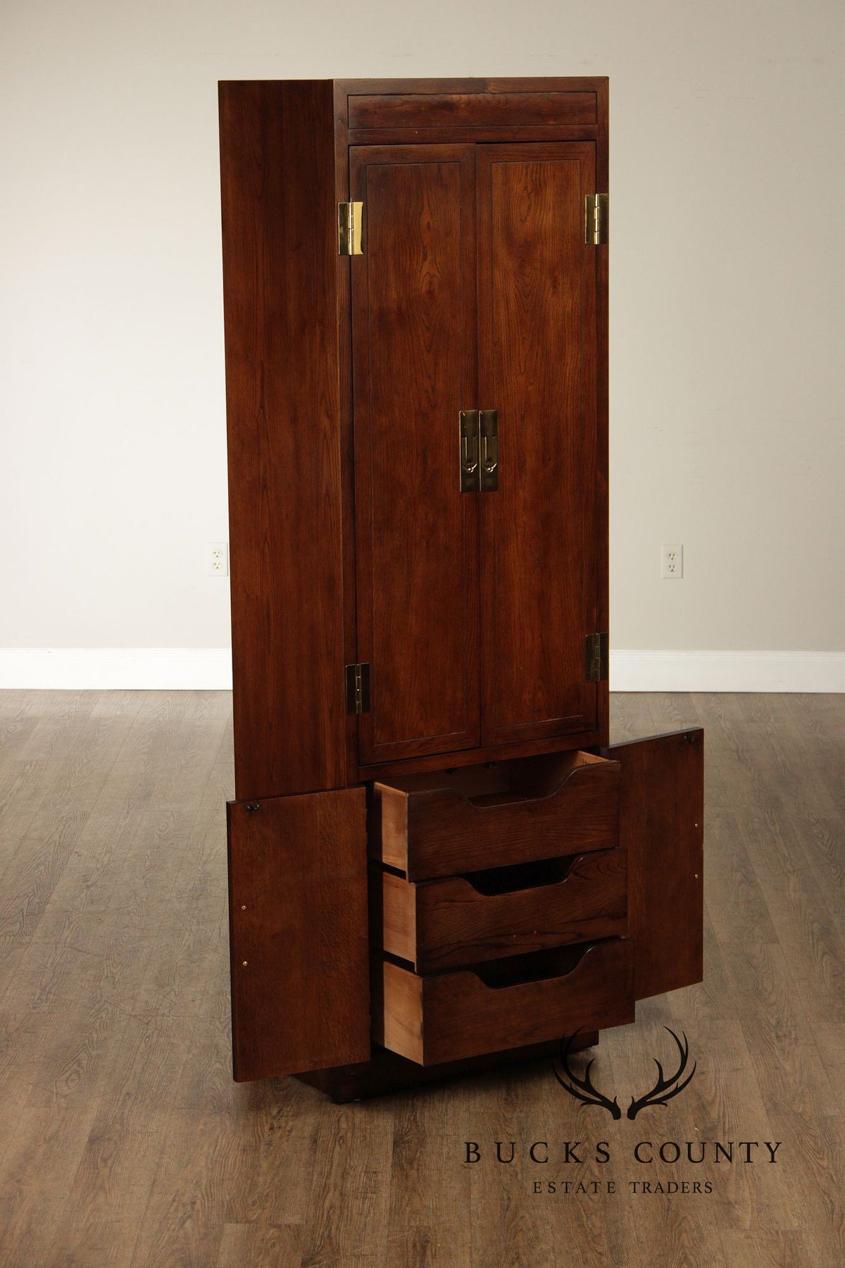 Henredon 'Scene One' Pair of Campaign Style Bedroom Armoire Cabinets