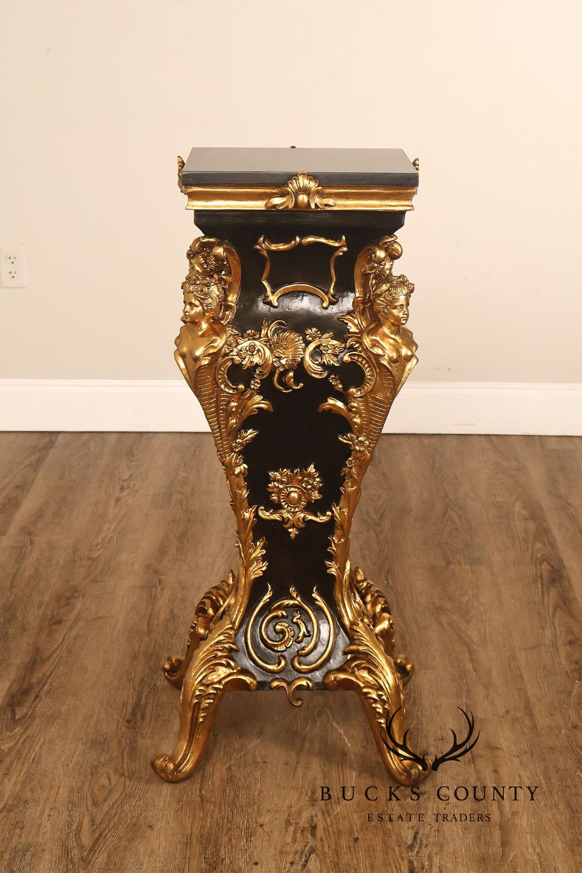 Italian Renaissance Style Pair of Slate Top Figural Carved Pedestals